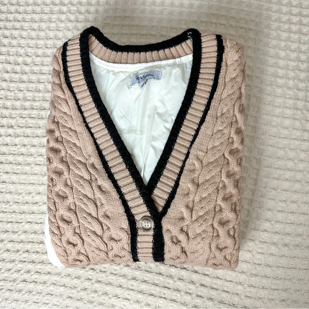 POLAGRAM Women's Braided Harmony Button Quilted Cardigan Bomber Jacket Beige Tan